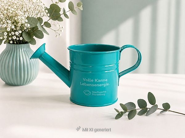 Türkisfarbene Mini-Gießkanne mit Aufschrift &amp;quot;Volle Kanne Lebensenergie&amp;quot; neben einer Blumenvase